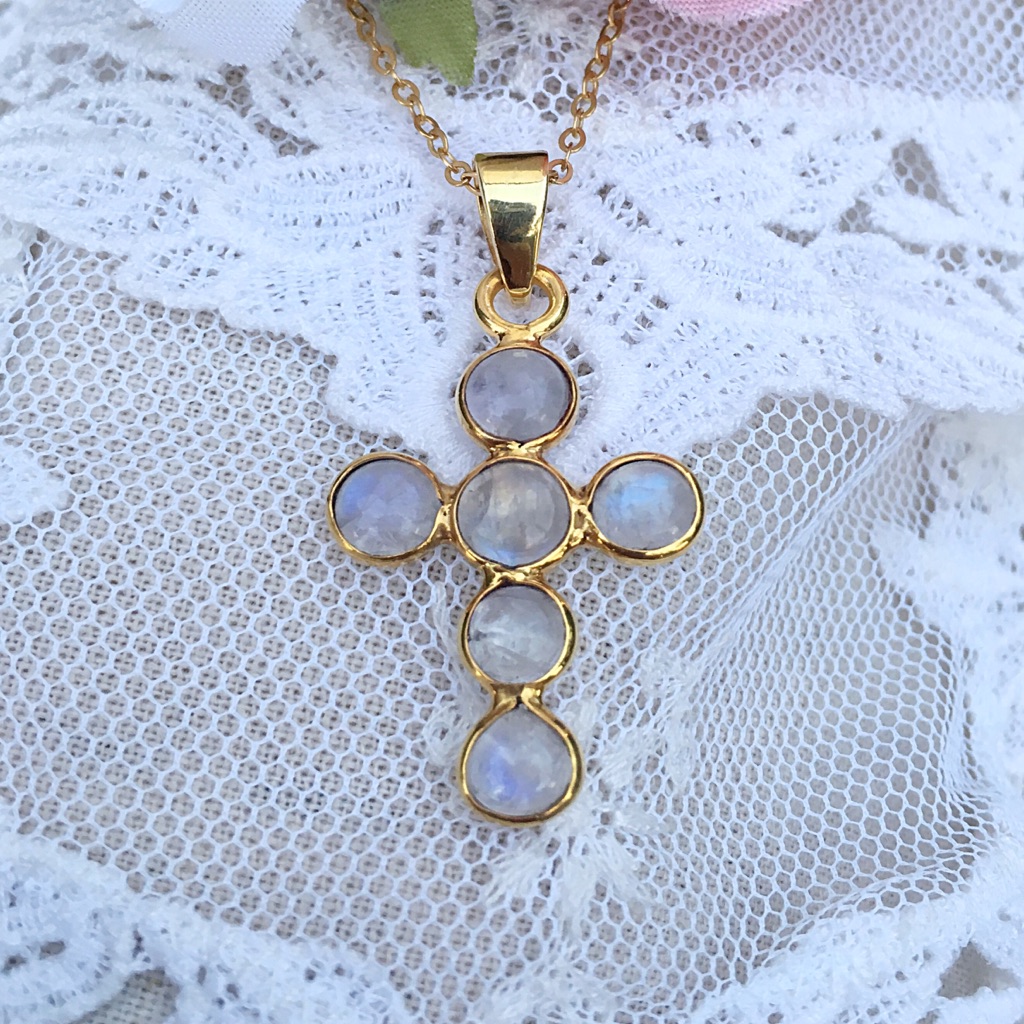 Rainbow Moonstone Cross In 24k Gold Vermeil